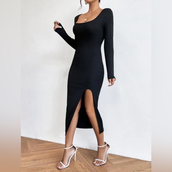 Black Long Sleeve Square Neck Split Thigh Fitted Bodycon Midi Dress - Picture 3 of 10